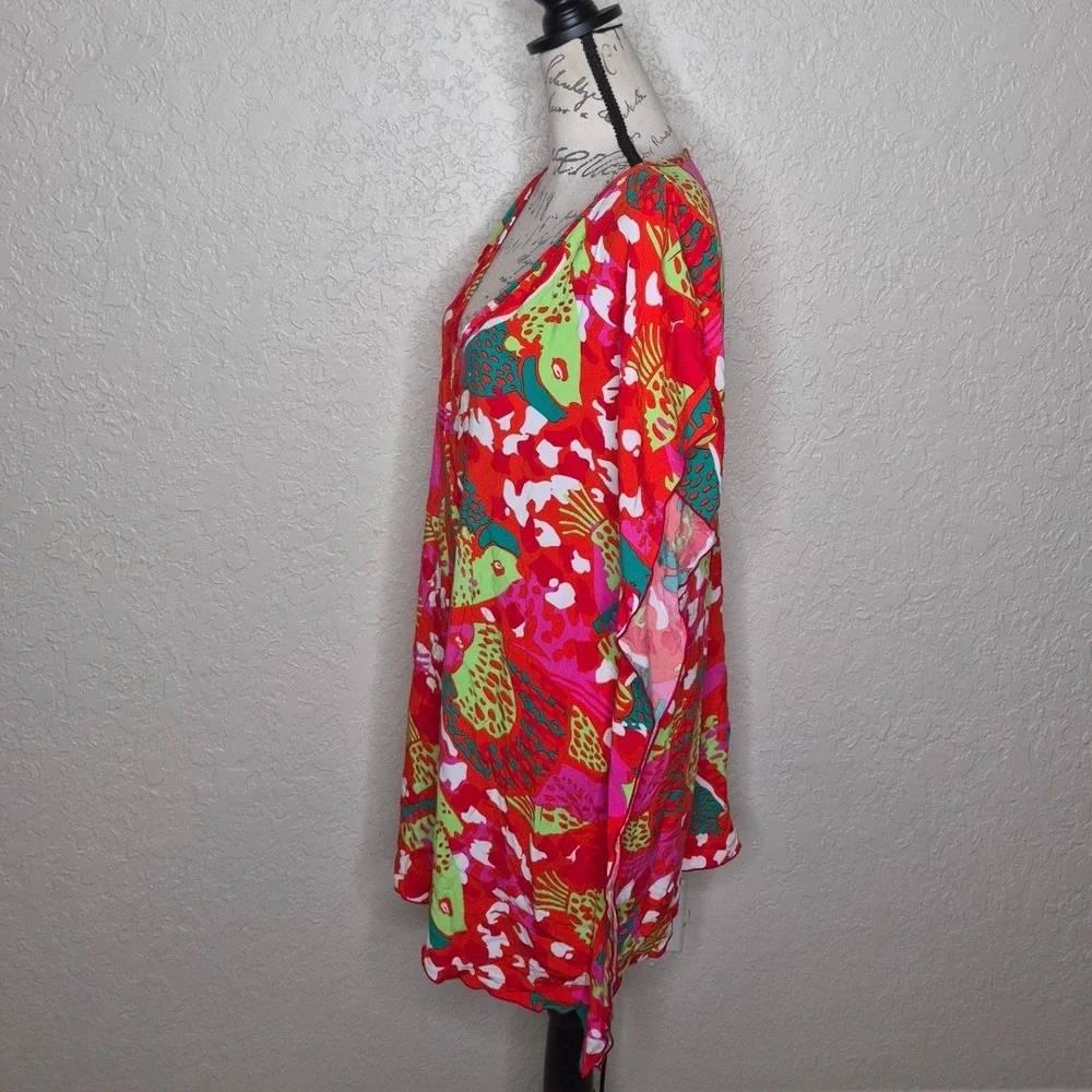 Escapada Living Red Tropical Fish Print Kaftan Swim Cover Up Tunic Large